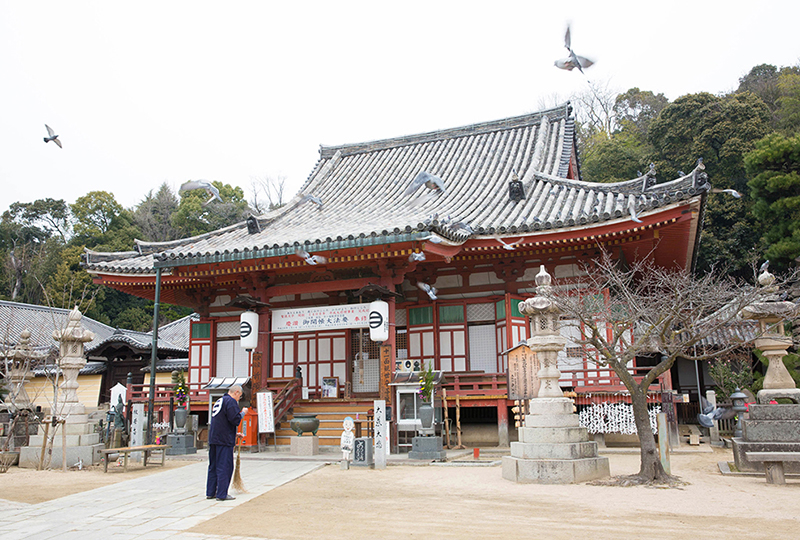 L'enceinte, le bâtiment principal et la pagode à deux étages, tahôtô, du temple Jôdo-ji